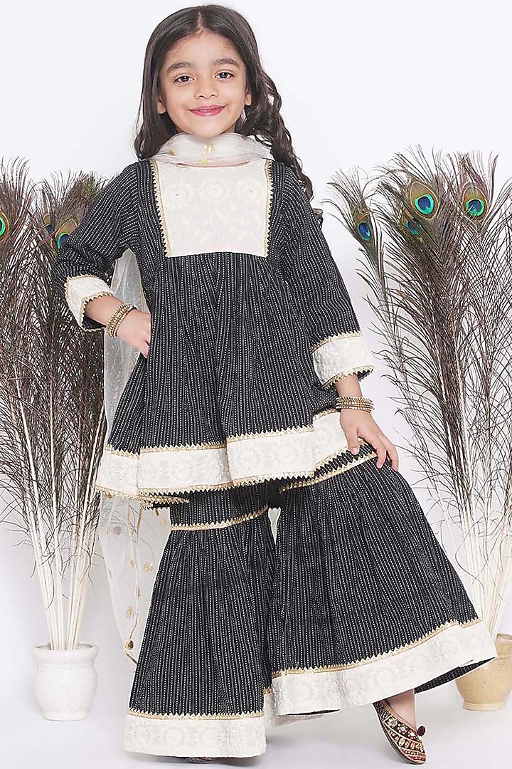 Black & Cream Cotton Embroidered Sharara Set For Girls by Little Bansi