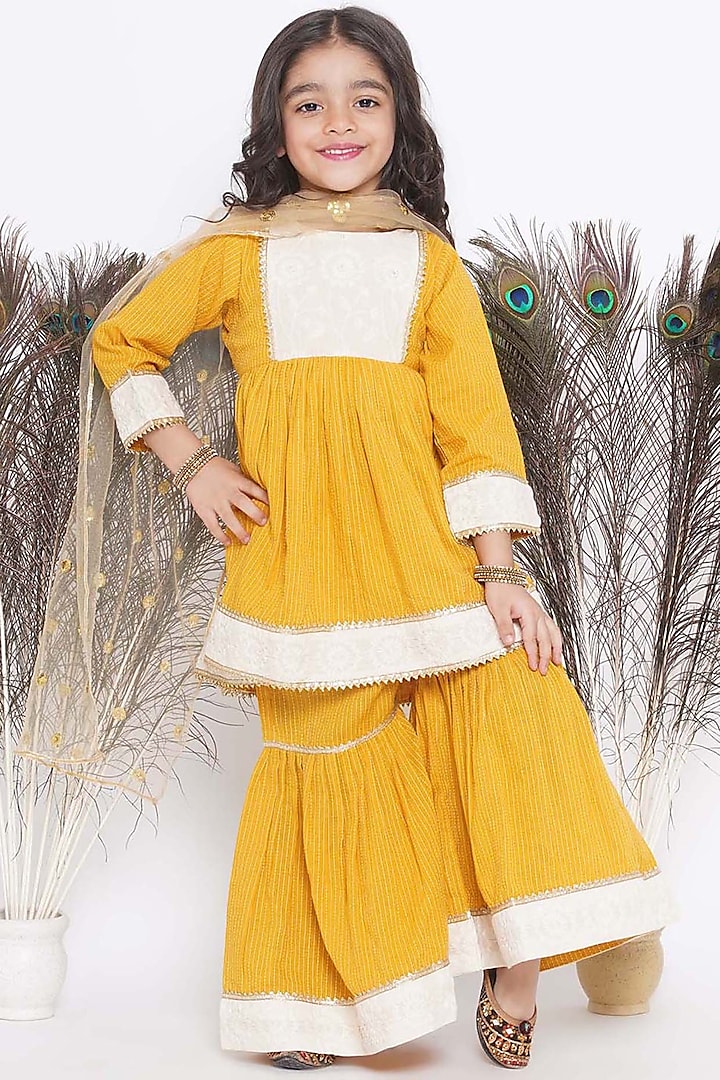 Mustard Yellow & Cream Cotton Embroidered Sharara Set For Girls by Little Bansi