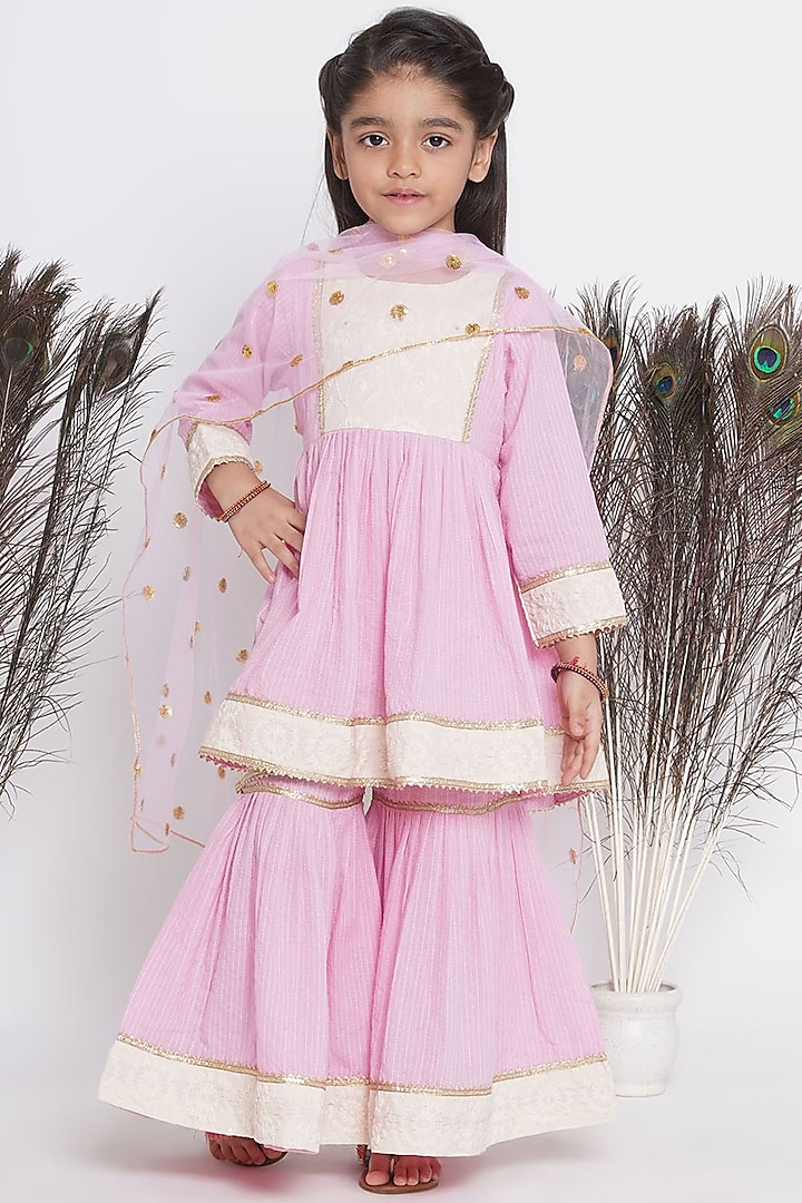 Pink & Cream Cotton Embroidered Sharara Set For Girls by Little Bansi