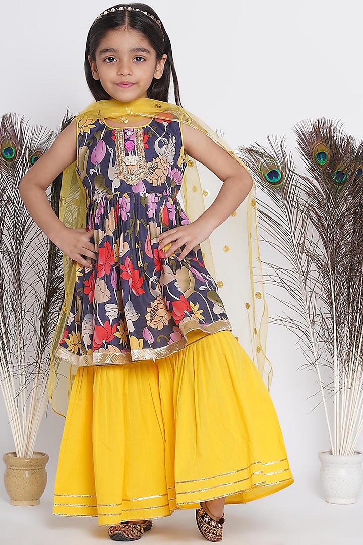 Yellow Cotton Silk Embroidered Sharara Set For Girls by Little Bansi