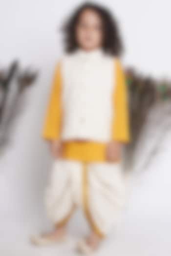 Cream Cotton Embroidered Nehru Jacket Set For Boys by Little Bansi