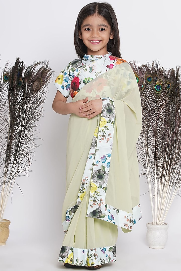 Apple Green Georgette Ready-To-Wear Saree Set For Girls by Little Bansi