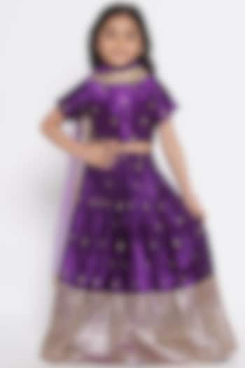 Purple Gajji Silk Embroidered Lehenga Set For Girls by Little Bansi