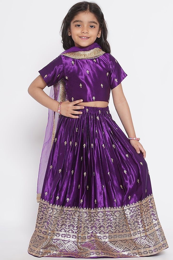 Purple Gajji Silk Embroidered Lehenga Set For Girls by Little Bansi