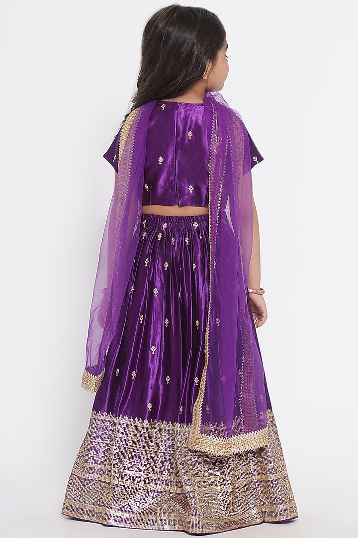 Purple Gajji Silk Embroidered Lehenga Set For Girls by Little Bansi at Pernia's Pop Up Shop
