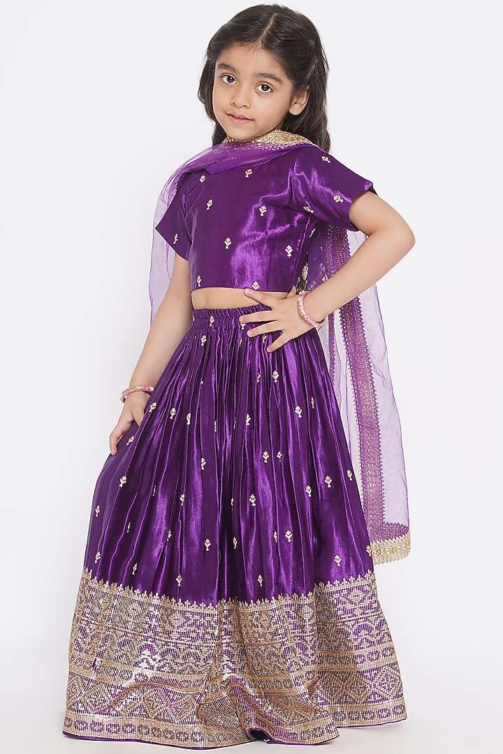 Purple Gajji Silk Embroidered Lehenga Set For Girls by Little Bansi at Pernia's Pop Up Shop