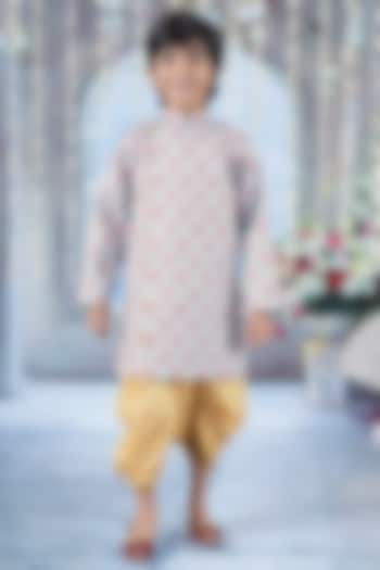 Sky Blue Mulberry Floral Printed & Thread Work Sherwani Set For Boys by Little Bansi