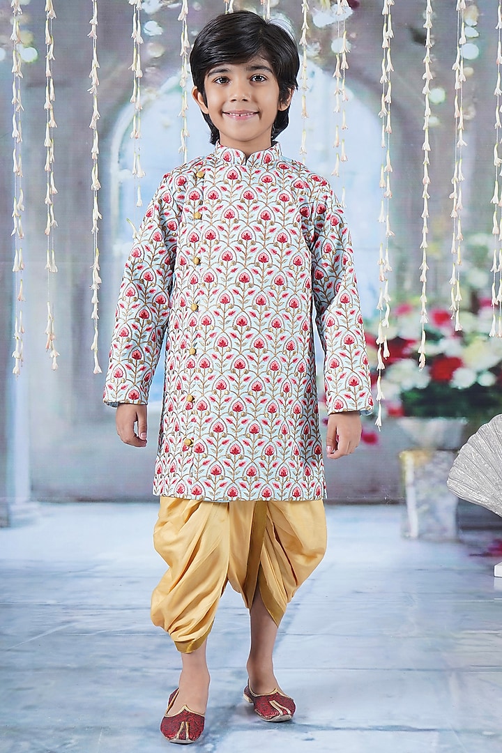 Sky Blue Mulberry Floral Printed & Thread Work Sherwani Set For Boys by Little Bansi