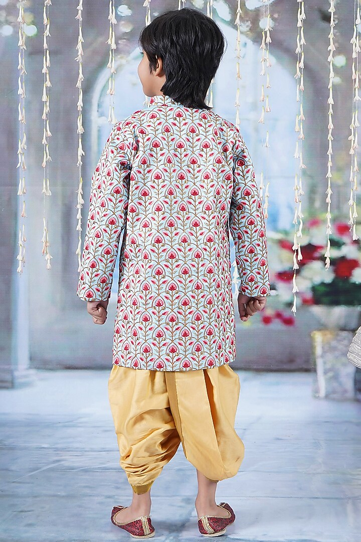 Sky Blue Mulberry Floral Printed & Thread Work Sherwani Set For Boys by Little Bansi at Pernia's Pop Up Shop