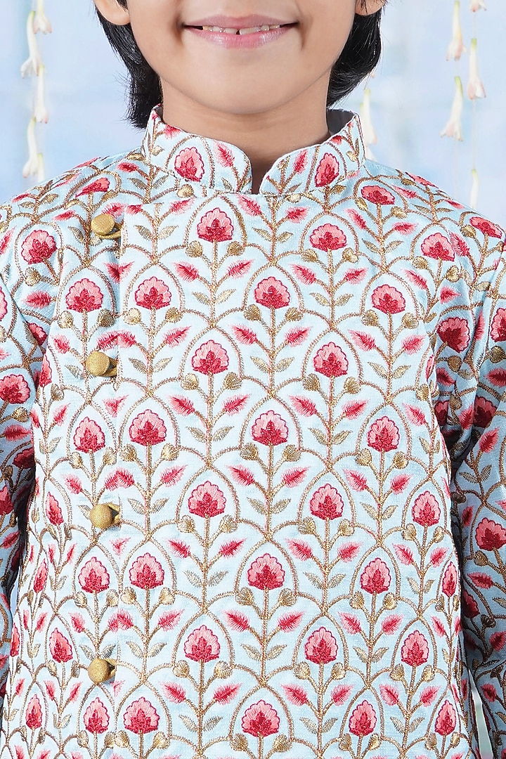 Sky Blue Mulberry Floral Printed & Thread Work Sherwani Set For Boys by Little Bansi at Pernia's Pop Up Shop