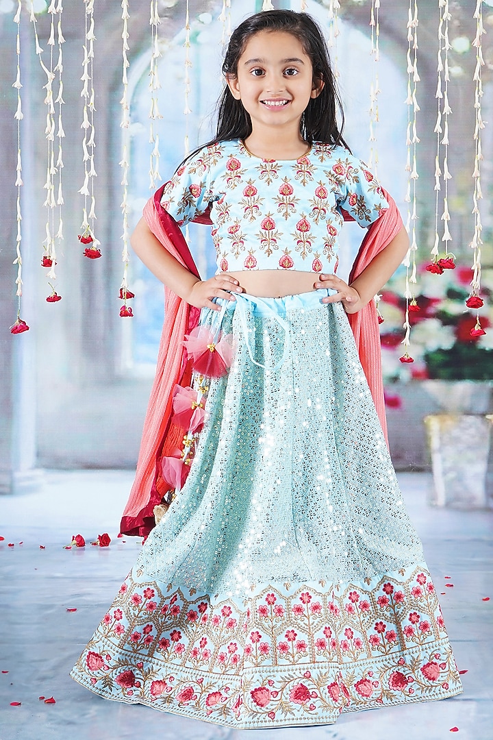 Sky Blue Viscose Silk Floral Embroidered Lehenga Set For Girls by Little Bansi at Pernia's Pop Up Shop