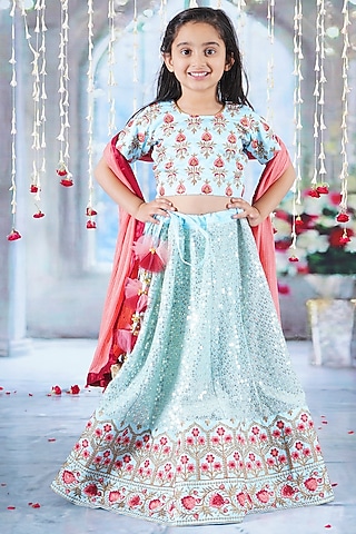 Sky Blue Viscose Silk Floral Embroidered Lehenga Set For Girls by Little Bansi