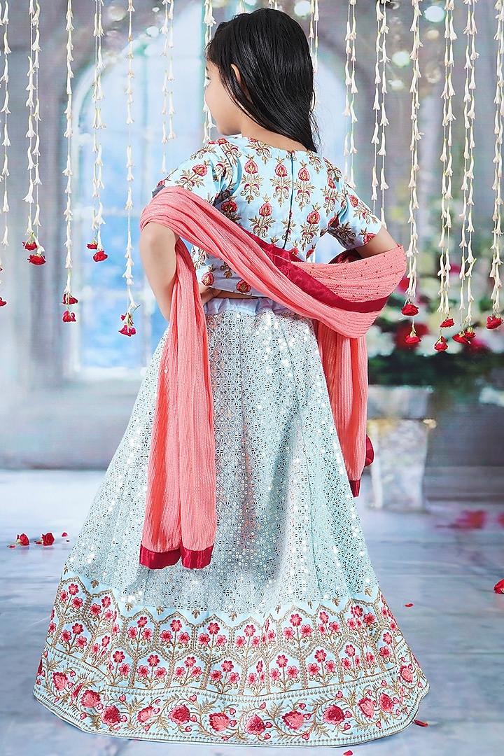 Sky Blue Viscose Silk Floral Embroidered Lehenga Set For Girls by Little Bansi at Pernia's Pop Up Shop