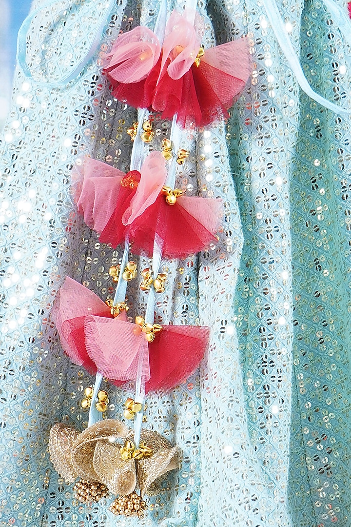 Sky Blue Viscose Silk Floral Embroidered Lehenga Set For Girls by Little Bansi at Pernia's Pop Up Shop