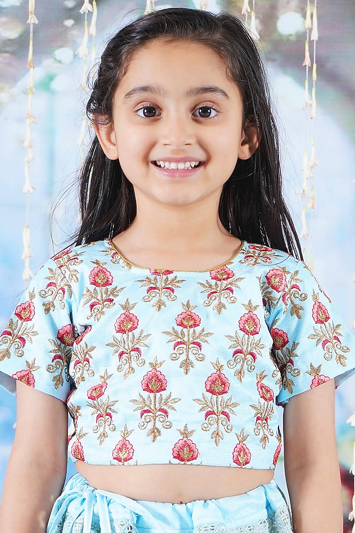 Sky Blue Viscose Silk Floral Embroidered Lehenga Set For Girls by Little Bansi at Pernia's Pop Up Shop