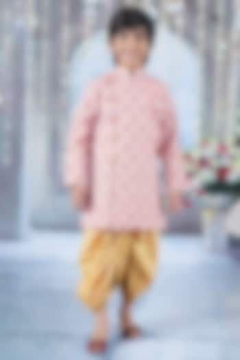 Pink Mulberry Floral Printed & Thread Work Sherwani Set For Boys by Little Bansi