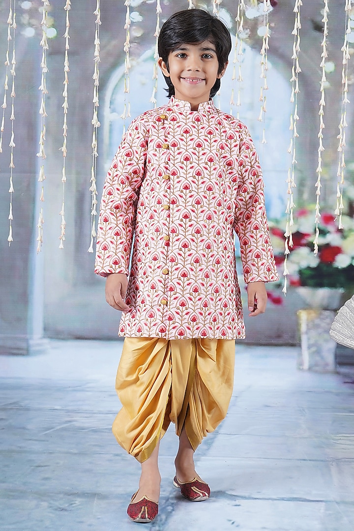 Pink Mulberry Floral Printed & Thread Work Sherwani Set For Boys by Little Bansi