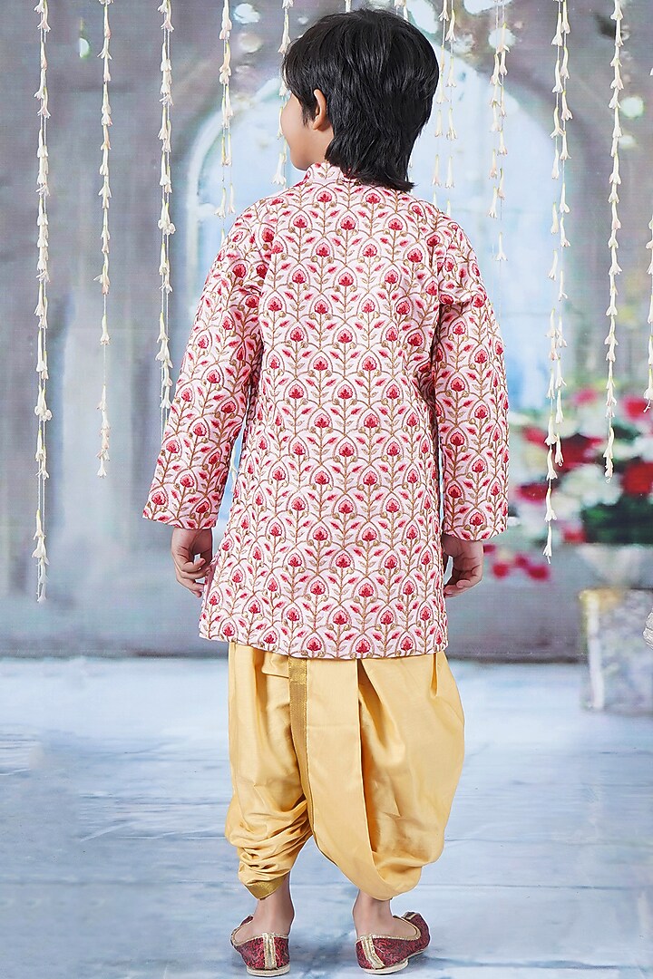 Pink Mulberry Floral Printed & Thread Work Sherwani Set For Boys by Little Bansi at Pernia's Pop Up Shop