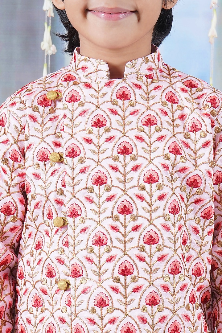 Pink Mulberry Floral Printed & Thread Work Sherwani Set For Boys by Little Bansi at Pernia's Pop Up Shop