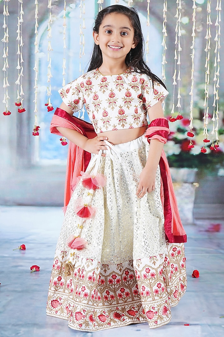 Cream Viscose Silk Floral Embroidered Lehenga Set For Girls by Little Bansi at Pernia's Pop Up Shop