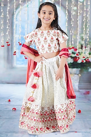 Cream Viscose Silk Floral Embroidered Lehenga Set For Girls by Little Bansi