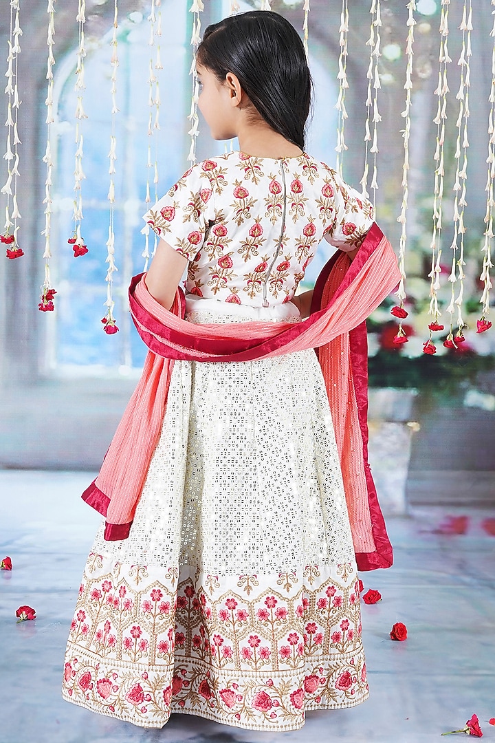Cream Viscose Silk Floral Embroidered Lehenga Set For Girls by Little Bansi at Pernia's Pop Up Shop