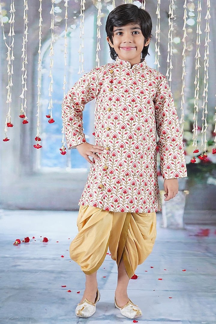 Cream Mulberry Floral Printed & Thread Work Sherwani Set For Boys by Little Bansi