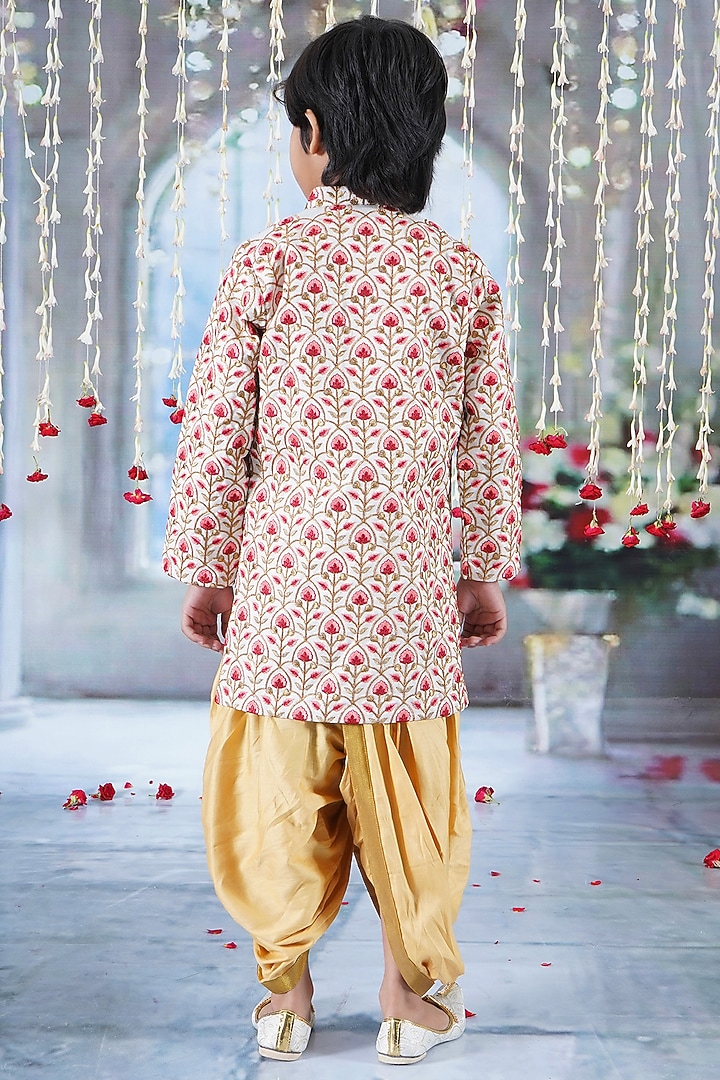 Cream Mulberry Floral Printed & Thread Work Sherwani Set For Boys by Little Bansi at Pernia's Pop Up Shop