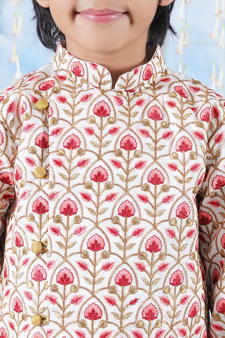 Cream Mulberry Floral Printed & Thread Work Sherwani Set For Boys by Little Bansi at Pernia's Pop Up Shop