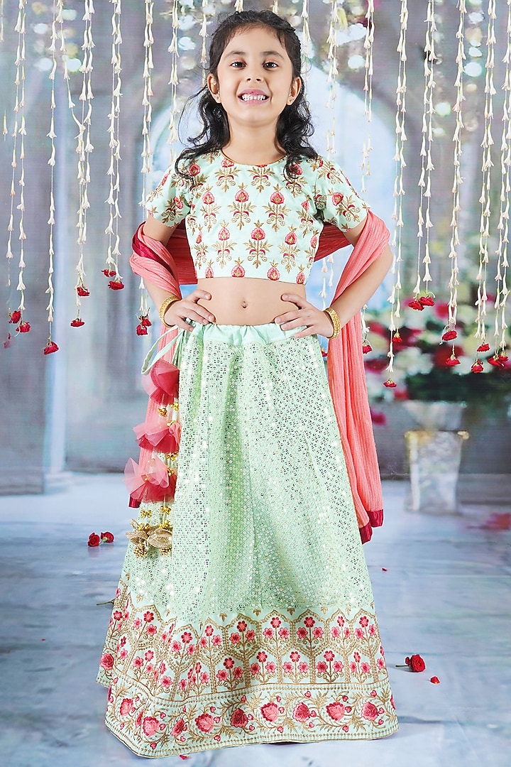 Green Viscose Silk Floral Embroidered Lehenga Set For Girls by Little Bansi at Pernia's Pop Up Shop