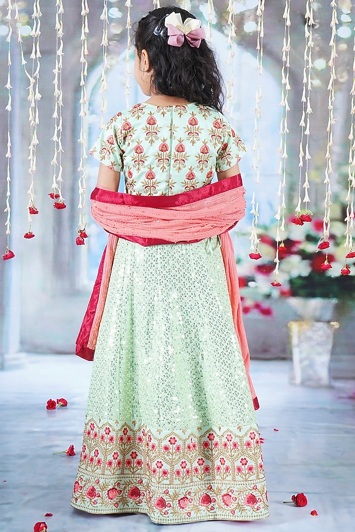Green Viscose Silk Floral Embroidered Lehenga Set For Girls by Little Bansi at Pernia's Pop Up Shop