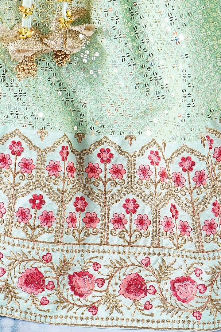 Green Viscose Silk Floral Embroidered Lehenga Set For Girls by Little Bansi at Pernia's Pop Up Shop