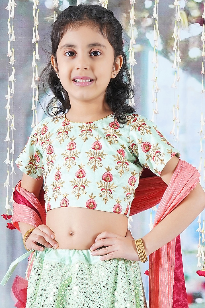 Green Viscose Silk Floral Embroidered Lehenga Set For Girls by Little Bansi at Pernia's Pop Up Shop