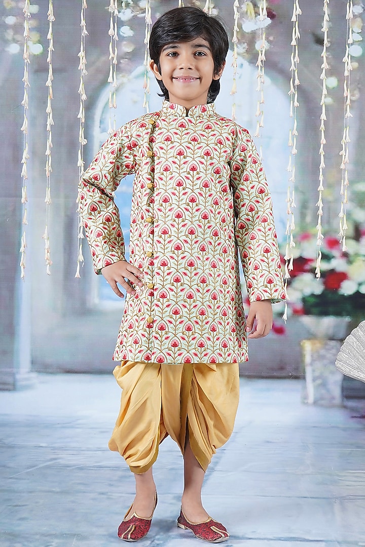 Green Mulberry Floral Printed & Thread Work Sherwani Set For Boys by Little Bansi