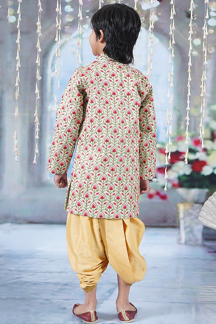 Green Mulberry Floral Printed & Thread Work Sherwani Set For Boys by Little Bansi at Pernia's Pop Up Shop