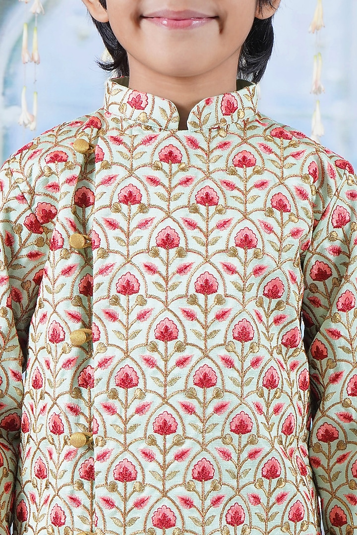 Green Mulberry Floral Printed & Thread Work Sherwani Set For Boys by Little Bansi at Pernia's Pop Up Shop
