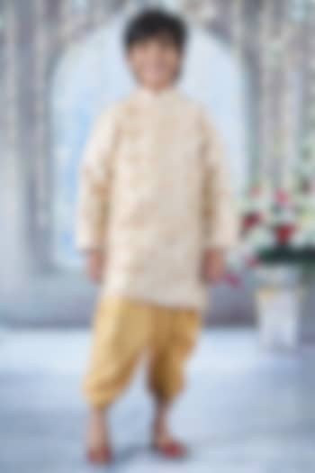 Cream Mulberry Floral Printed & Thread Work Sherwani Set For Boys by Little Bansi at Pernia's Pop Up Shop