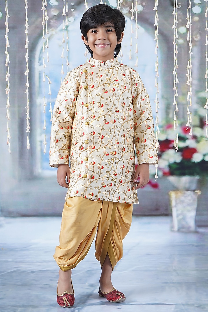 Cream Mulberry Floral Printed & Thread Work Sherwani Set For Boys by Little Bansi at Pernia's Pop Up Shop