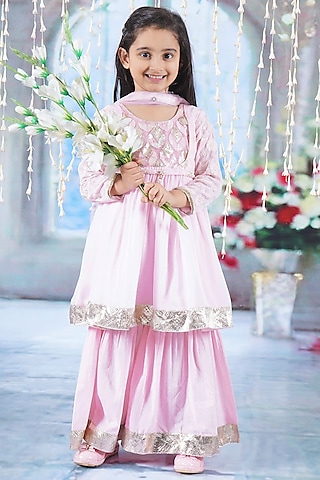 Pink Cotton Sharara Set For Girls by Little Bansi