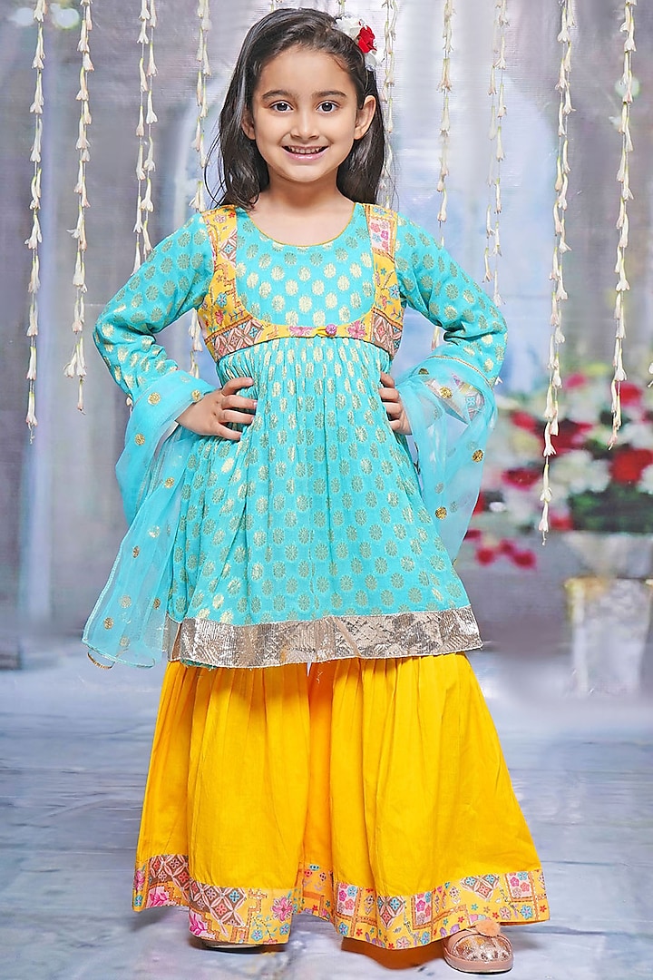 Yellow Cotton Sharara Set For Girls by Little Bansi at Pernia's Pop Up Shop