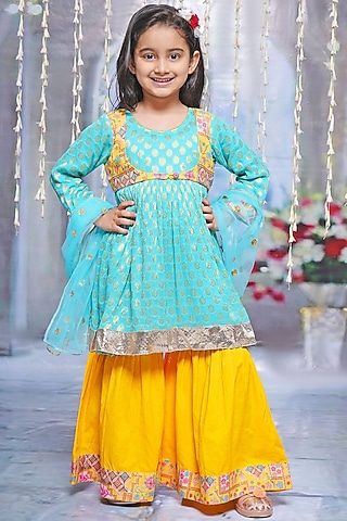 Yellow Cotton Sharara Set For Girls by Little Bansi