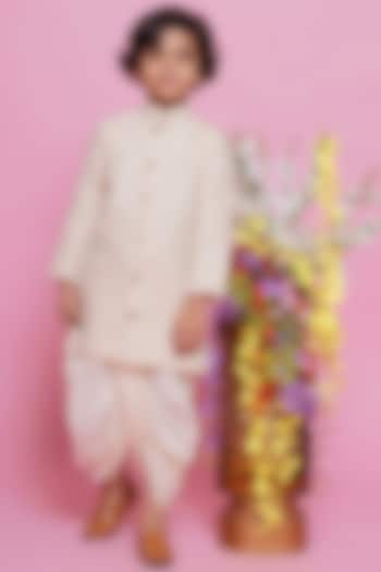 Cream Cotton Embroidered Sherwani Set For Boys by Little Bansi