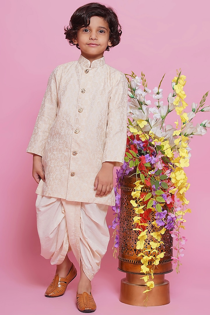 Cream Cotton Embroidered Sherwani Set For Boys by Little Bansi