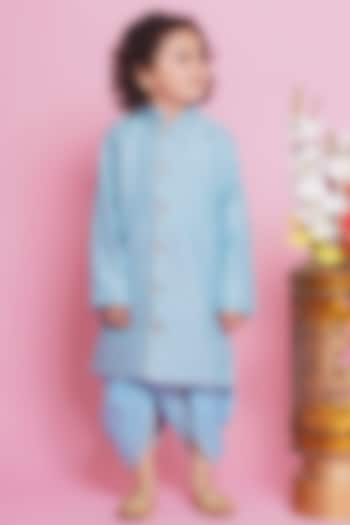 Blue Cotton Embroidered Sherwani Set For Boys by Little Bansi