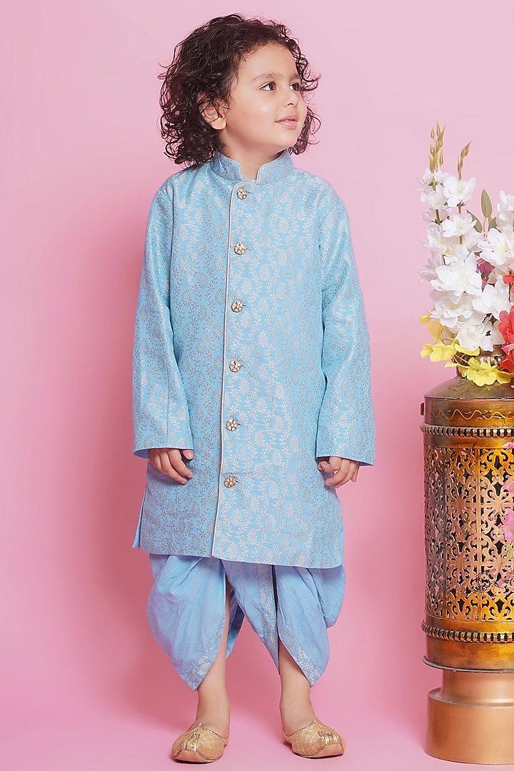 Blue Cotton Embroidered Sherwani Set For Boys by Little Bansi