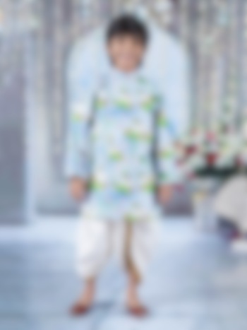 Sky Blue Cotton Embroidered Sherwani Set For Boys by Little Bansi