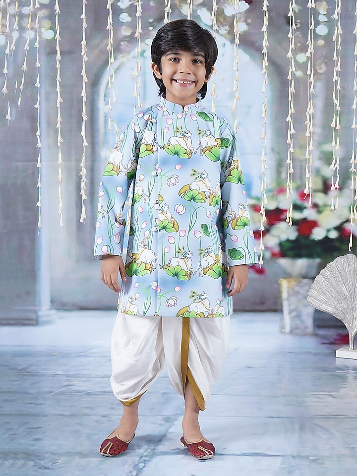 Sky Blue Cotton Embroidered Sherwani Set For Boys by Little Bansi