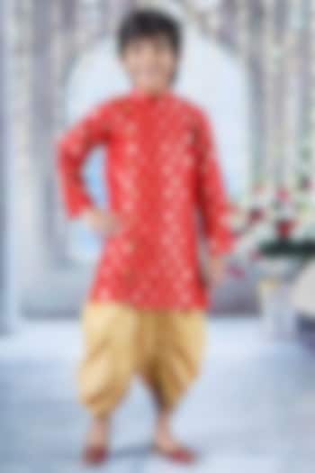 Red Cotton Printed Sherwani Set For Boys by Little Bansi