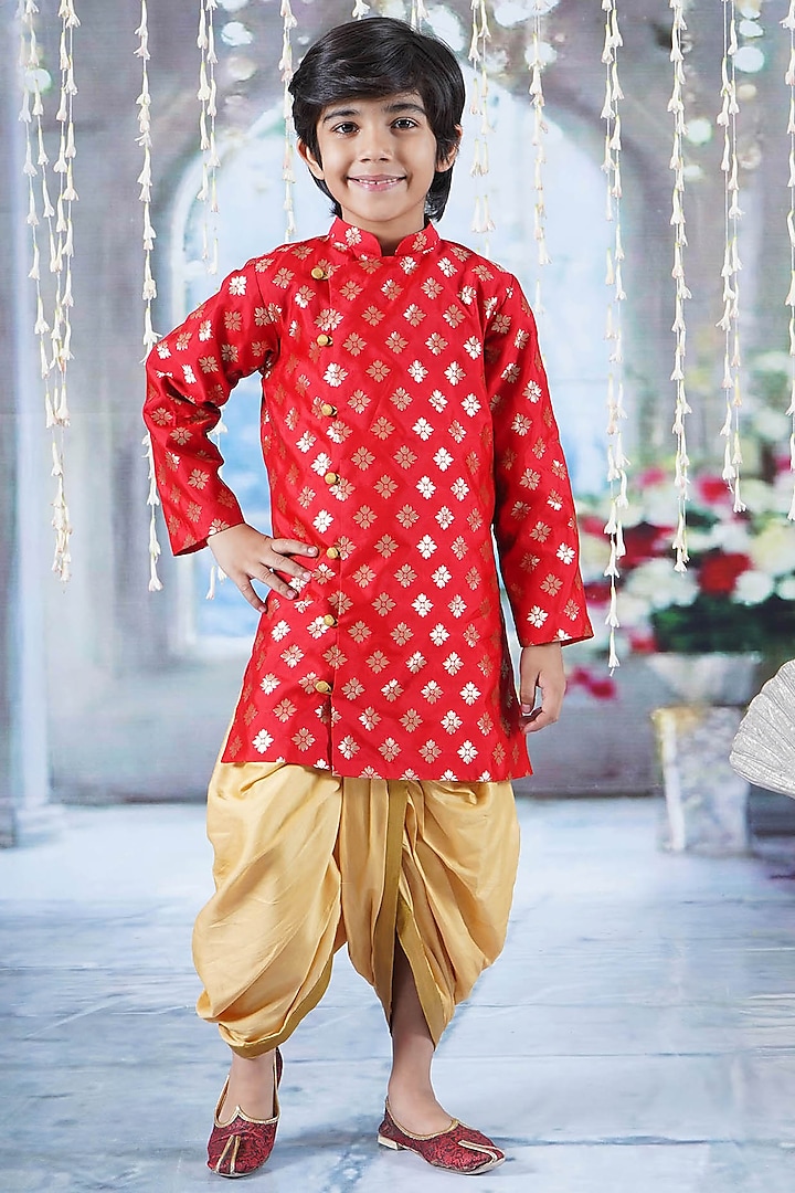 Red Cotton Printed Sherwani Set For Boys by Little Bansi