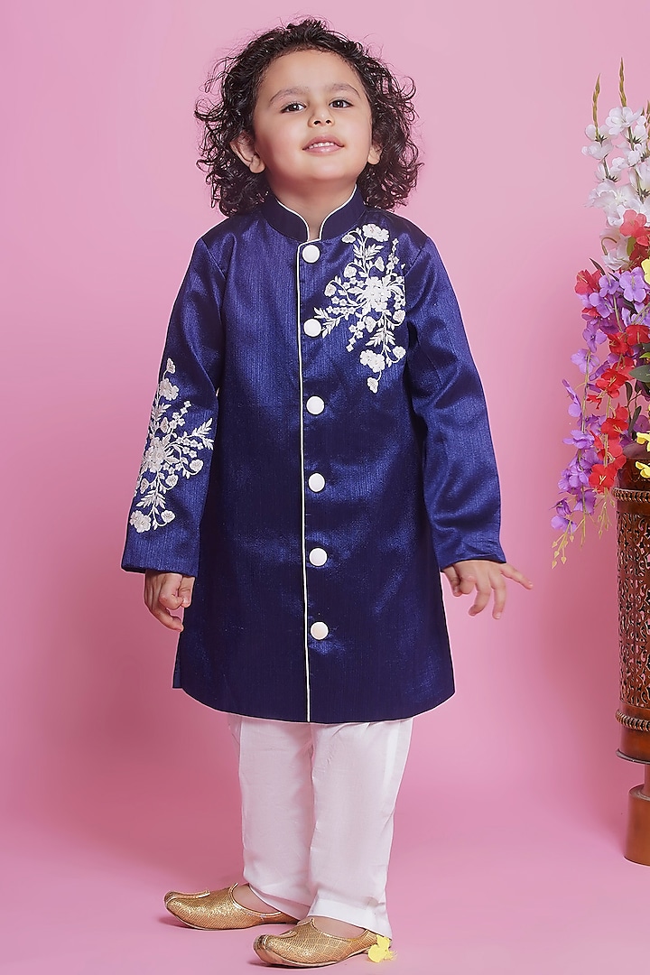 Blue Mulberry Silk Embroidered Sherwani Set For Boys by Little Bansi